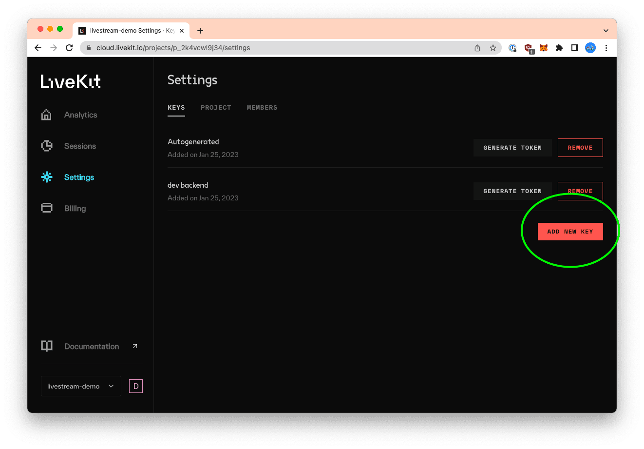 LiveKit API keys page